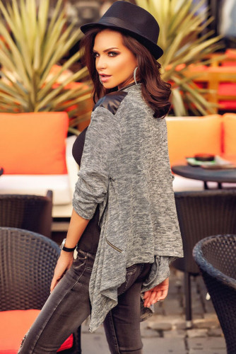Leather Shoulder Patch Asymmetric Cardigan
