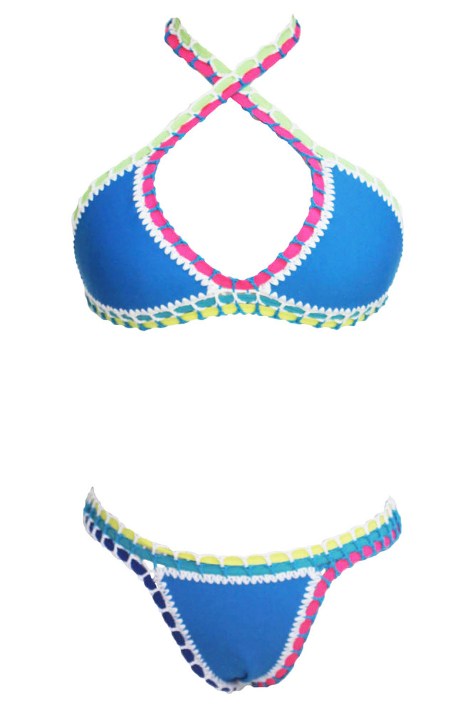 Light Blue Handmade Crotchet Neoprene Latex Bathing Suit