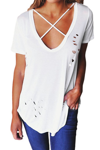 White Crisscross Neckline Distressed Cotton T-shirt