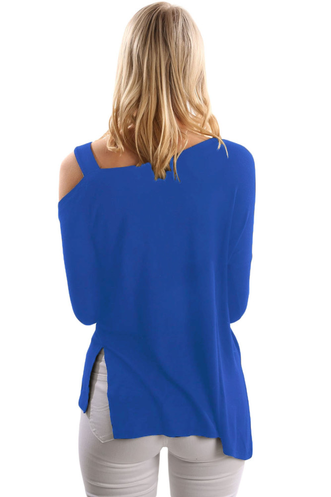 Blue One Shoulder Long Sleeve Top with Slit