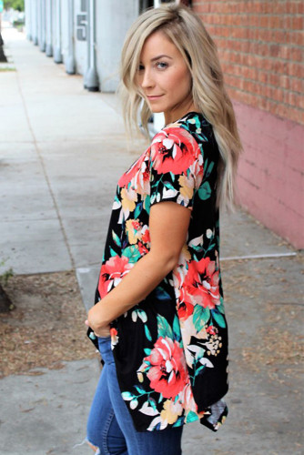 Black Floral Short Sleeve Tunic