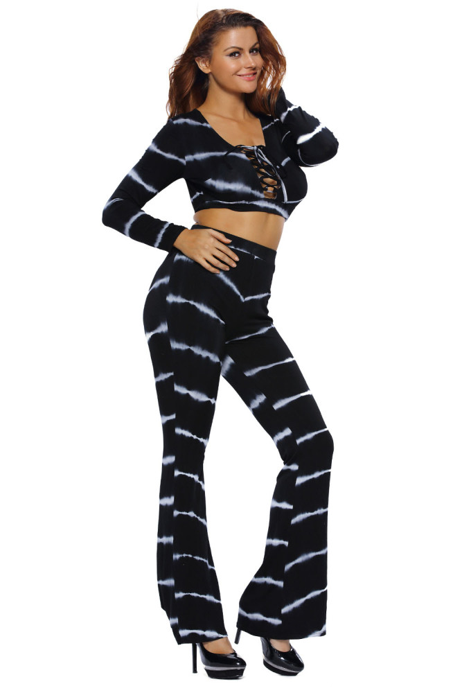 Black Tie Dye Print Sexy Two Piece Pant Set