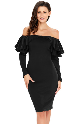 Black Ruffle Off The Shoulder Long Sleeve Bodycon Dress
