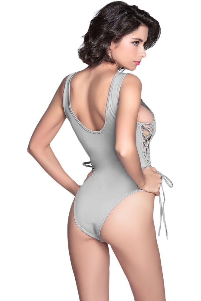 Gray Lace up High Cut Swimsuit
