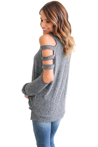 Grey Cold Shoulder Hollow Out Long Sleeve Top
