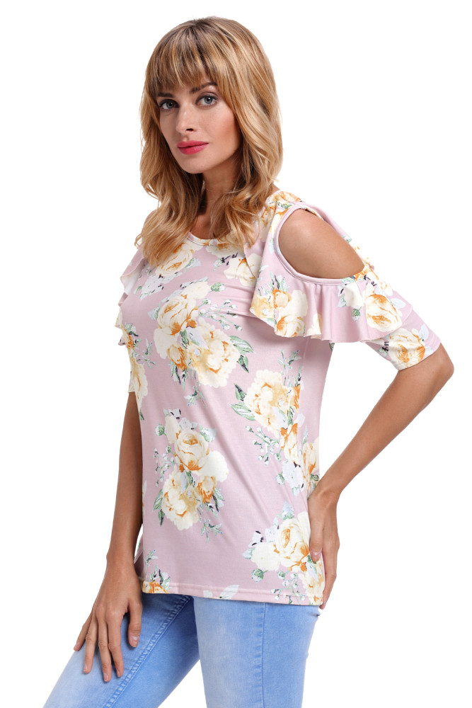 Pink Floral Cold Shoulder Top with Ruffle Sleeve