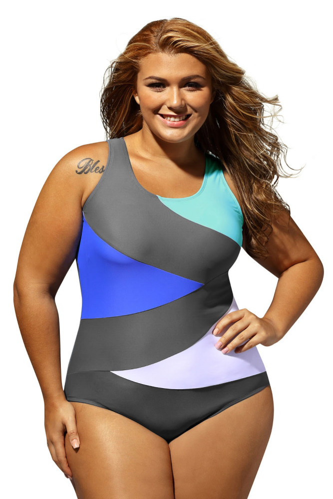 Sexy Color Block Front Lace up Gray One Piece Swimsuit