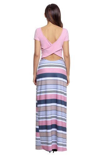 Pink Crisscross Back Muliticolor Maxi Dress