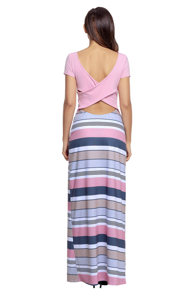 Pink Crisscross Back Muliticolor Maxi Dress