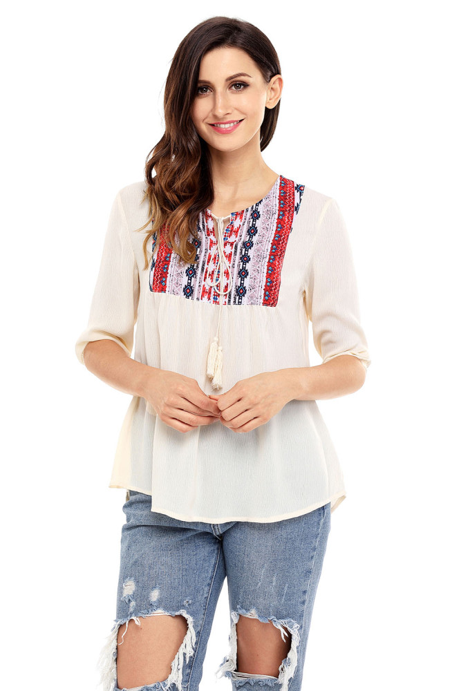 Delicate Printed Neck 3/4 Sleeve Khaki Crepe Top