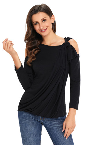 Black Asymmetric Draped Cold Shoulder Top