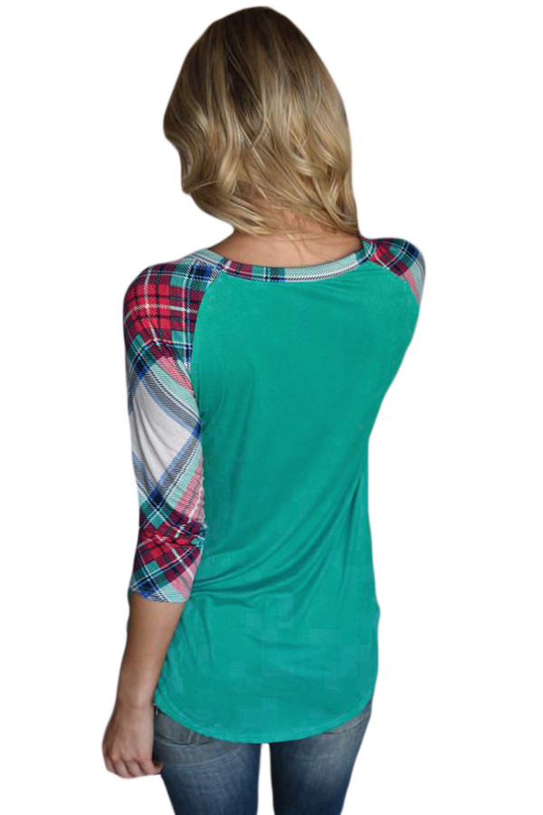 Vibrant Plaid Raglan Sleeve Green Top