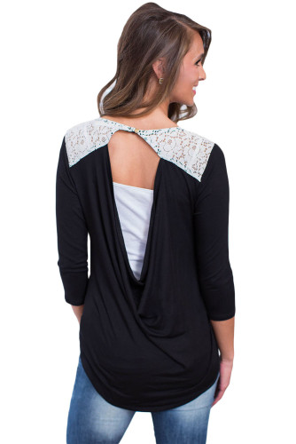 Black Lace Shoulder Low Cut Back Top