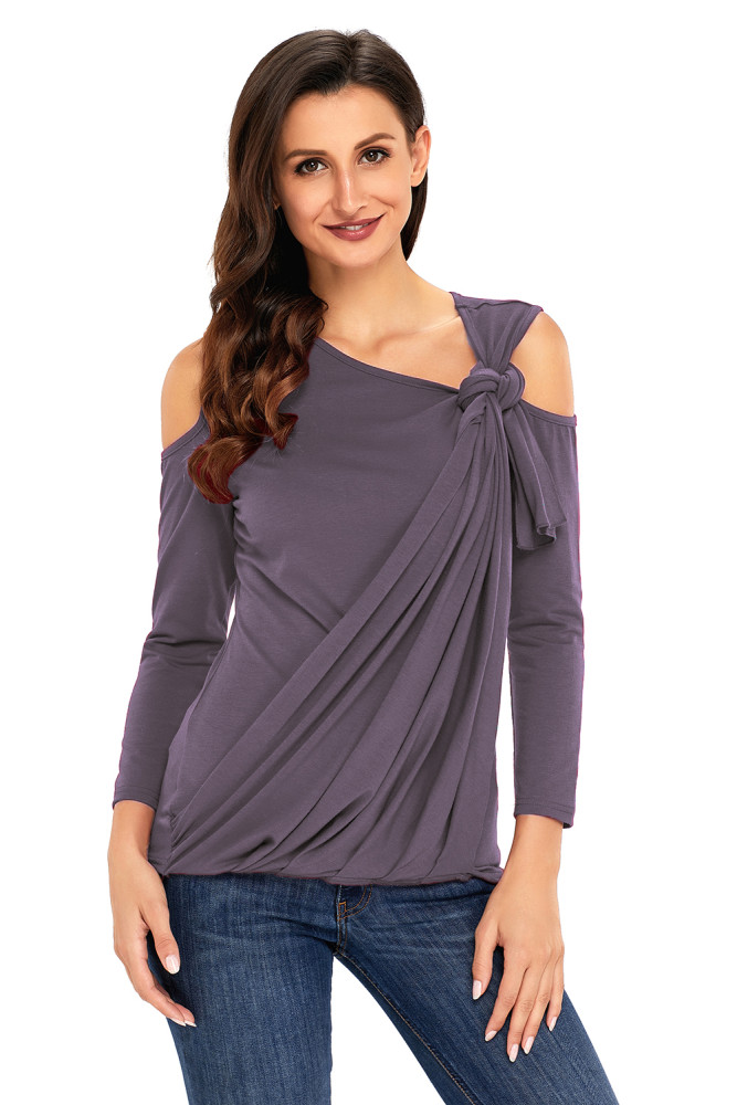 Grey Asymmetric Draped Cold Shoulder Top