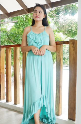 Mint Green Lace Up V Neck Ruffle Trim Hi-low Maxi Dress