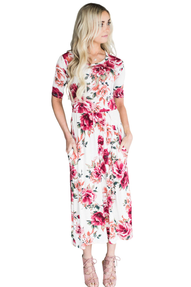 Casual Pocket Design Blooming Floral Dress