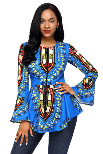 Blue African Print Zipper Front Long Sleeve Top