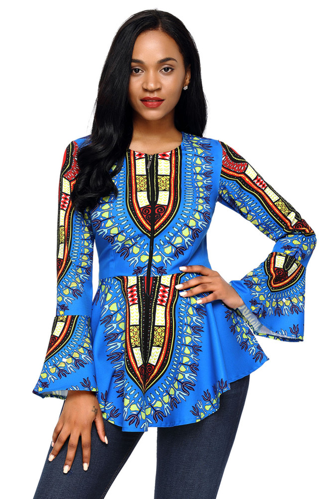 Blue African Print Zipper Front Long Sleeve Top
