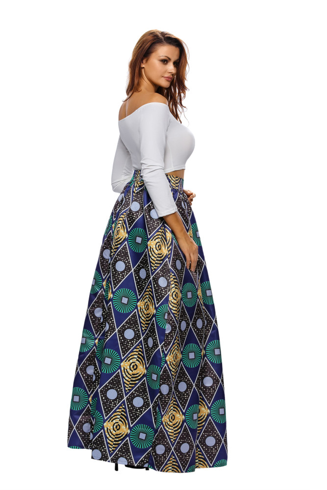 Chic Circle Diamond African Print Navy Maxi Skirt