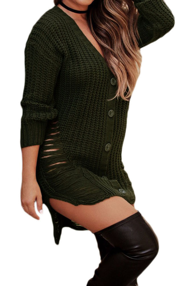 Olive Button Closure Distressed Long Sweater