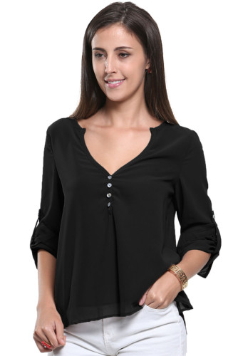 Black V-Neck Button Detail Dip Back Blouse Top