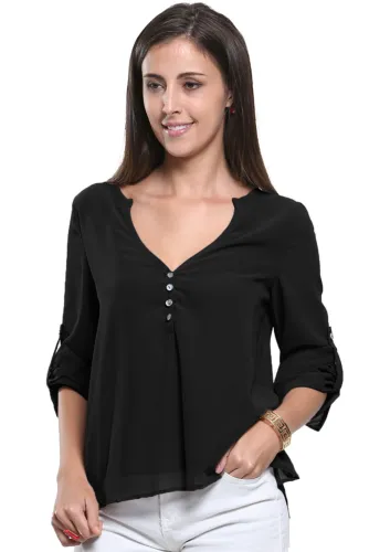 Black V-Neck Button Detail Dip Back Blouse Top