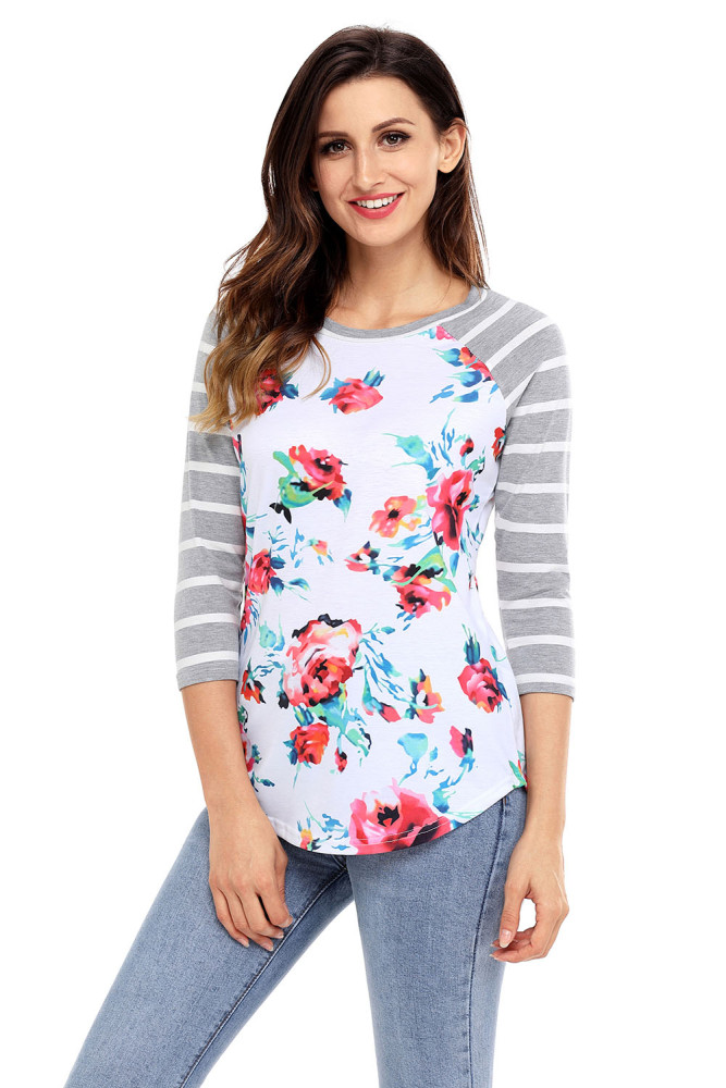 Grey Striped Sleeves Floral Top
