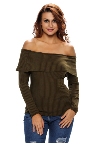 Olive Knit Off Shoulder Ribbed Long Sleeves Top