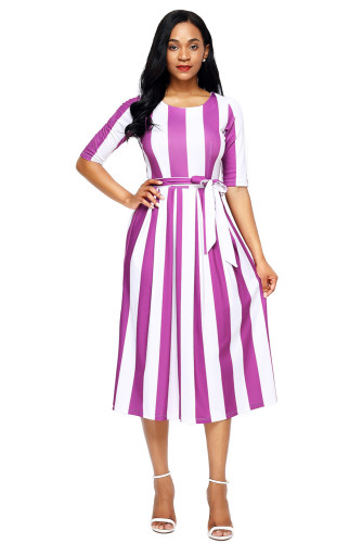 Purple Stripe Print Half Sleeve Belted Dress