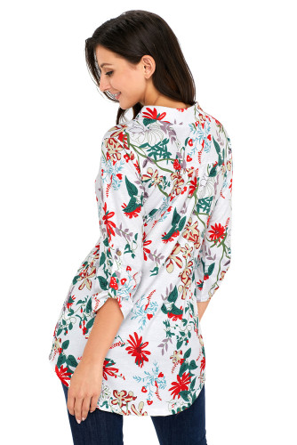 White Magenta Floral Print Slight V Neck Blouse