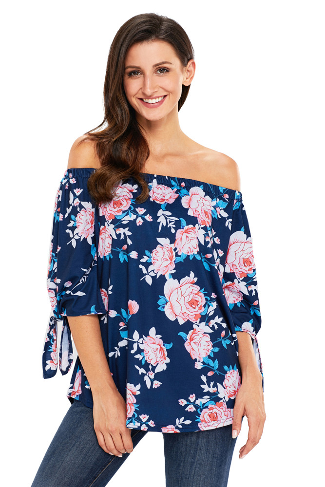 Navy Blue Floral Elastic Off Shoulder Top