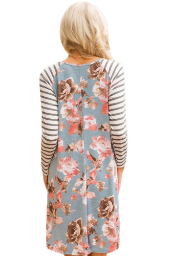 Blue Floral Print Stripe Raglan Sleeve Dress
