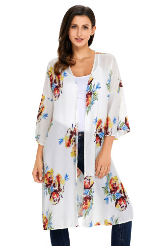Ivory Floral Side Slit Boho Kimono