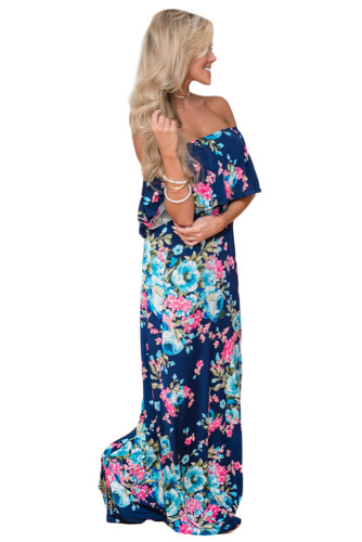 Flower Print Blue Grounding Off Shoulder Long Boho Dress