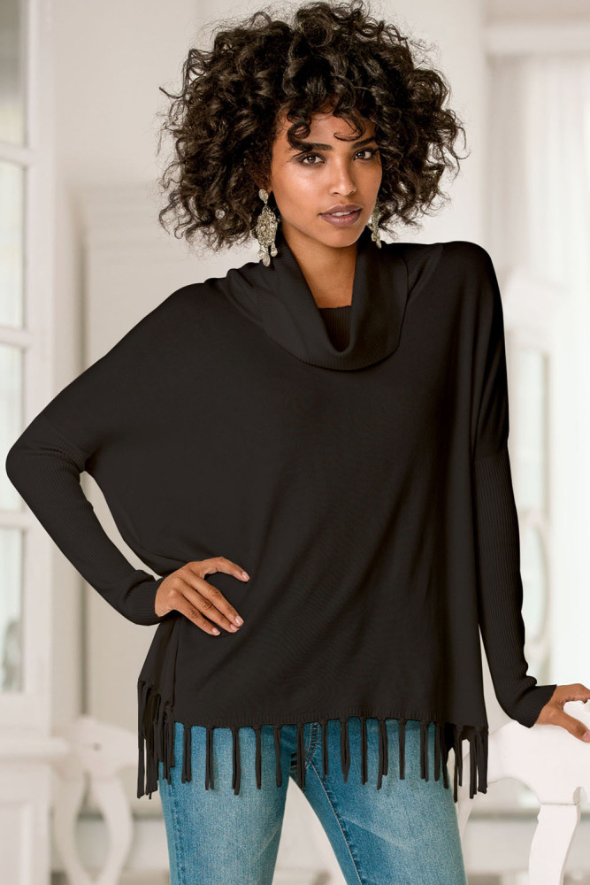 Black Turtleneck Fringe Hemline Tunic Sweater