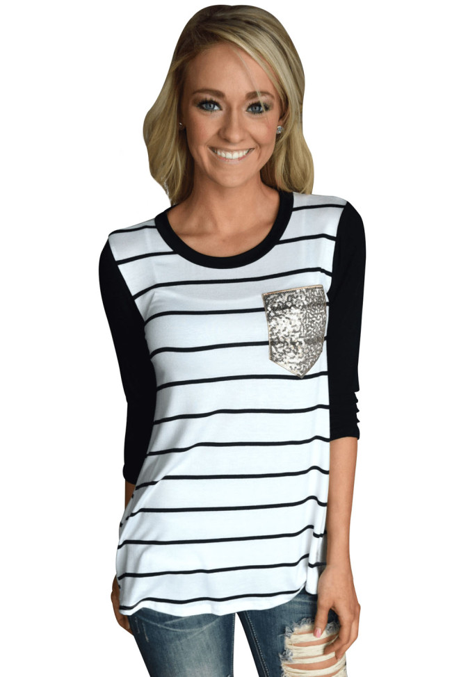 White Black Stripe Sequin Pocket Top