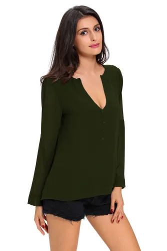 Olive V-Neck Button Detail Dip Back Blouse Top
