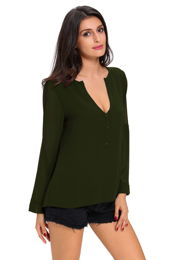Olive V-Neck Button Detail Dip Back Blouse Top
