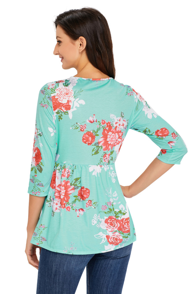Lace Up V Neck Mint Floral Blouse