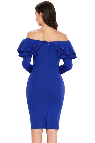 Royal Blue Ruffle Off The Shoulder Long Sleeve Bodycon Dress