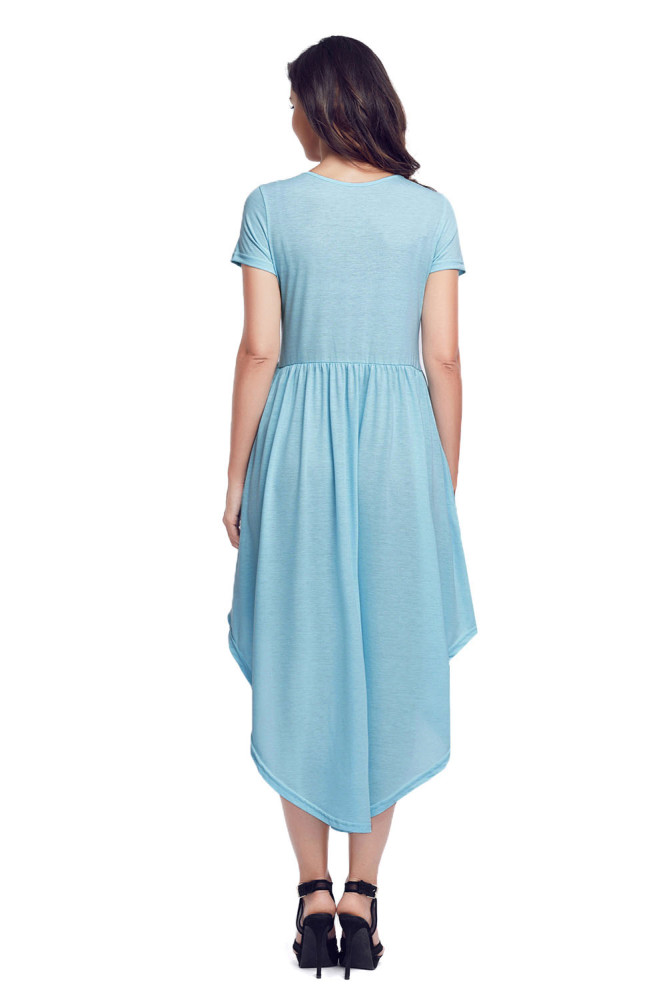 Light Blue Short Sleeve High Low Pleated Casual Swing Dress