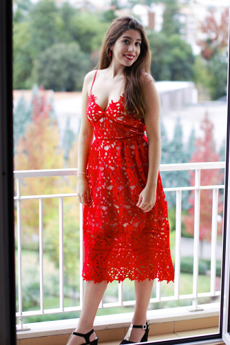 Burgundy Lace Hollow Out Nude Illusion Party Dress