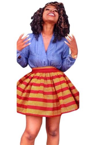 Red Orange Print Skater African Style Mini Skirt