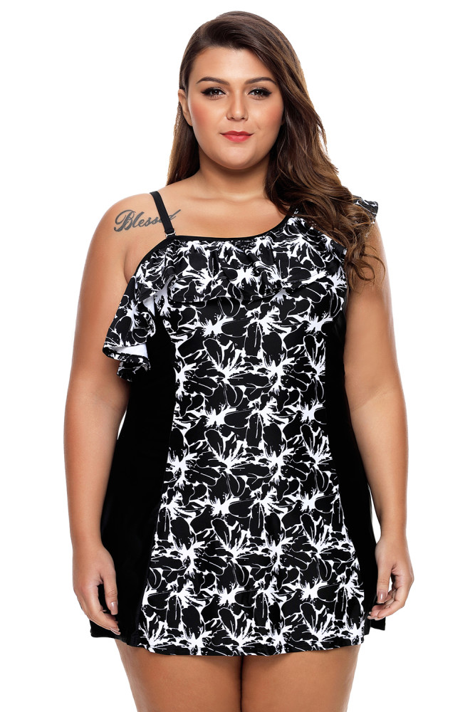 Monochrome Panel Accent 1pc Swim Dress with Shorts