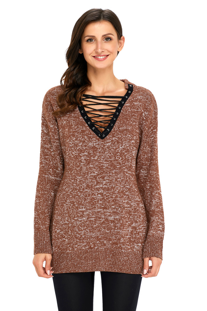 Tan Chic Long Sleeve Sweater with Lace up Neckline