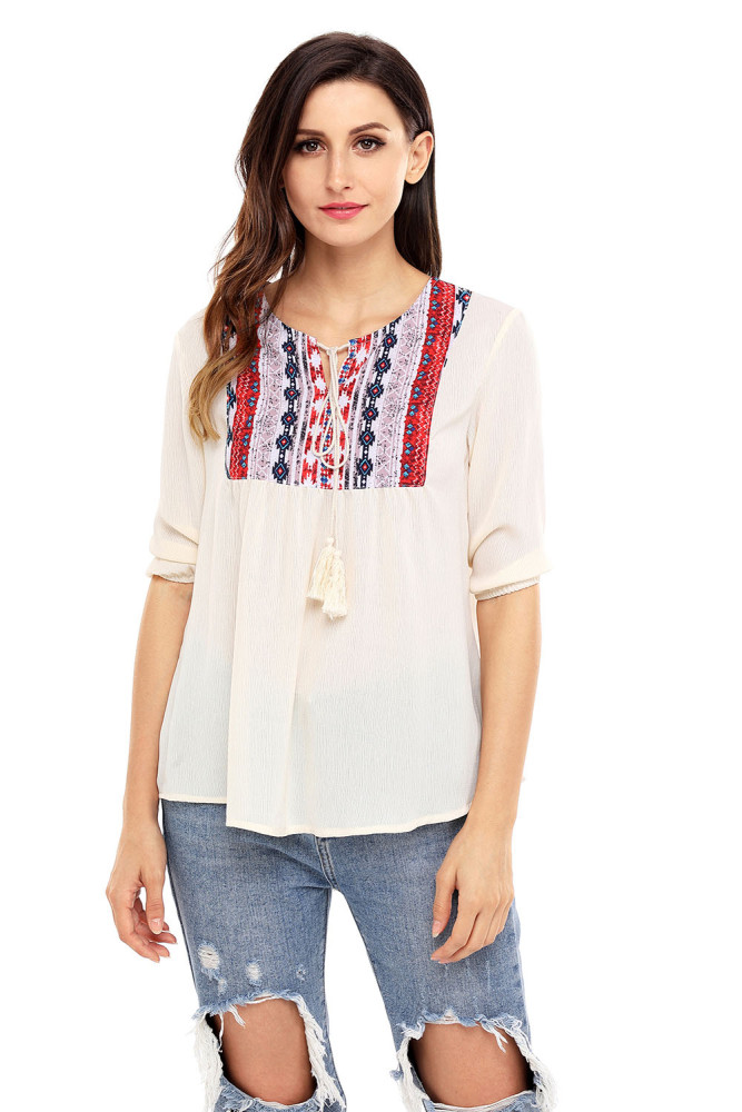 Delicate Printed Neck 3/4 Sleeve Khaki Crepe Top