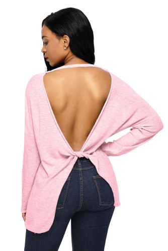 Pink Backless Twist Knit Long Sleeve Dolman Top
