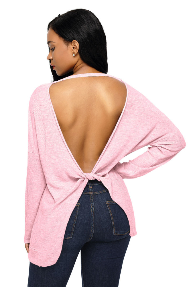 Pink Backless Twist Knit Long Sleeve Dolman Top