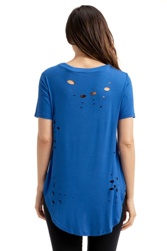 Royal Blue Crisscross Neckline Distressed Cotton T-shirt