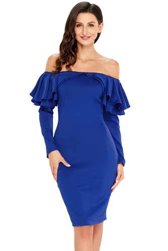 Royal Blue Ruffle Off The Shoulder Long Sleeve Bodycon Dress